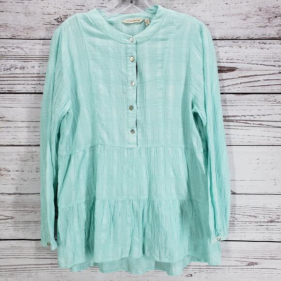 Soft Surroundings Aqua Blue Tiered Half Button Long Sleeve Top Size Medium - Picture 2 of 12